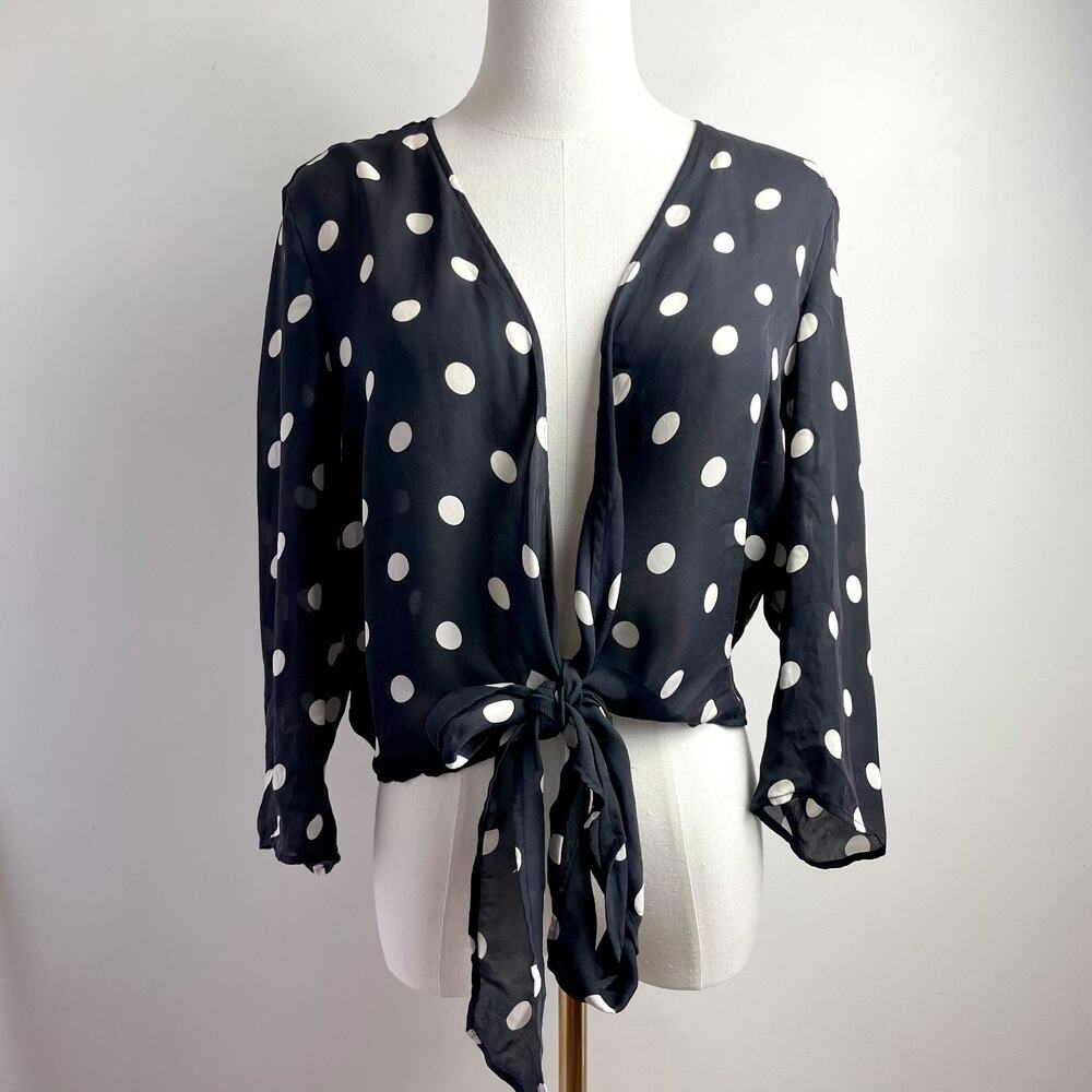 INC Silk Polka Dot Tie Front Blouse Crop Top‎ Sz 8 Timeless Retro Black White